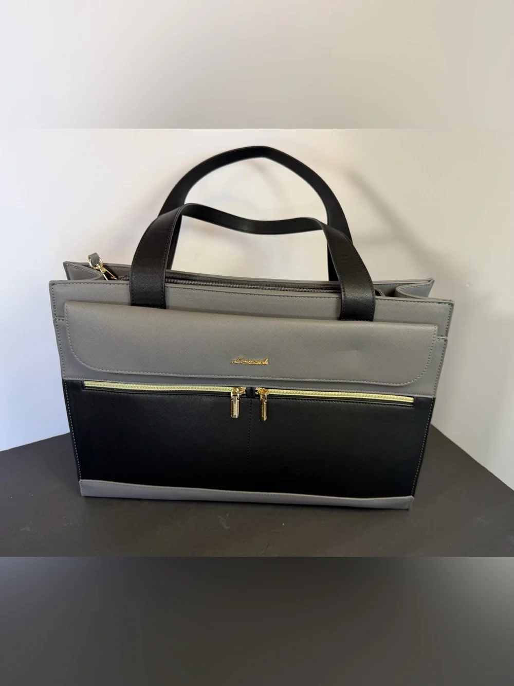 Lovevook Black Gray Colorblock Laptop Tote Bag 2Pc Set USB Port Clutch